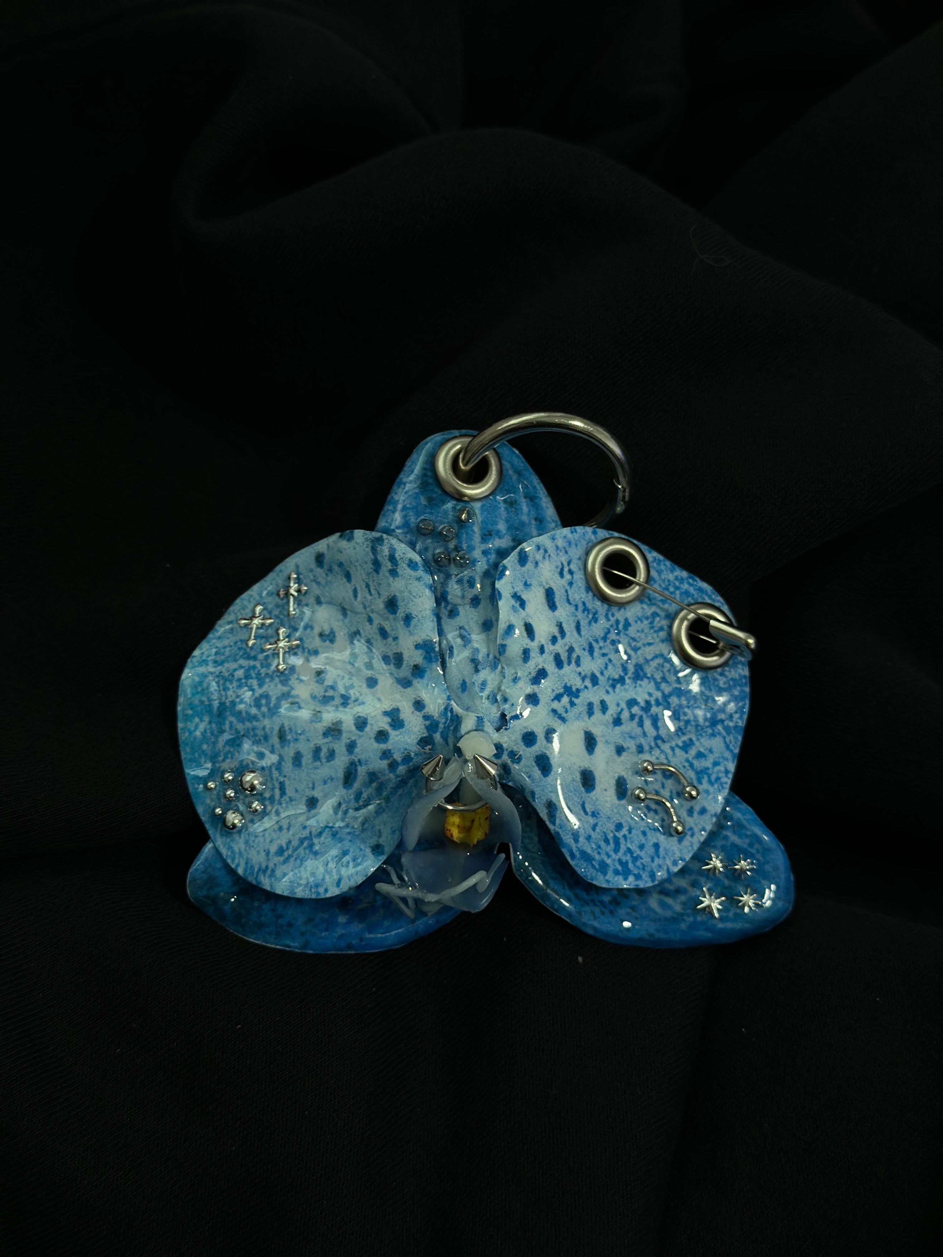Blue Pierced Orchid with  Silver Hardware