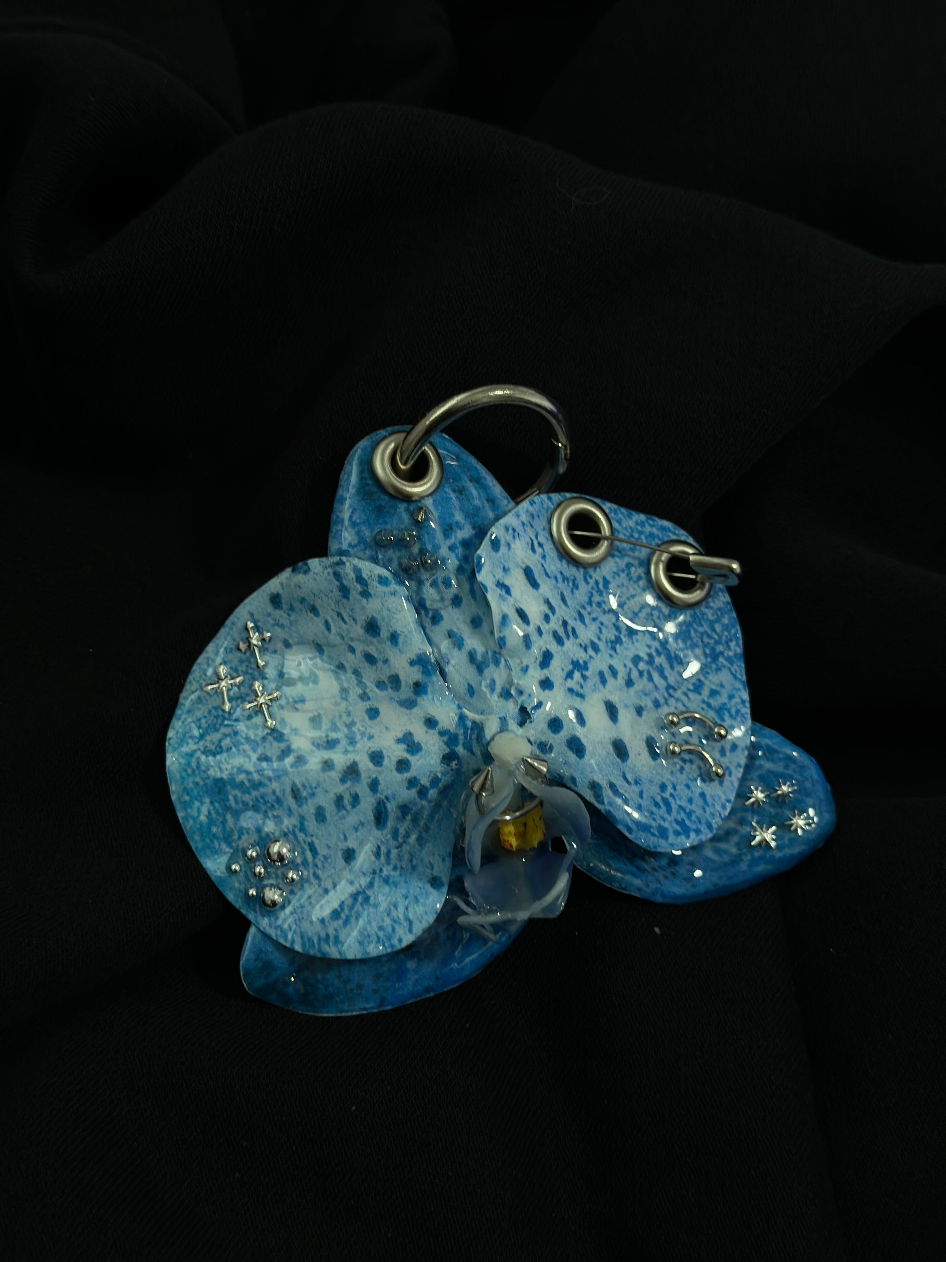 Blue Pierced Orchid with  Silver Hardware
